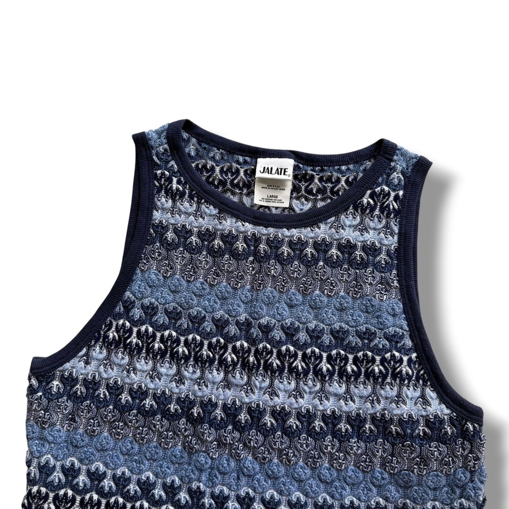 Jalate L Blue White Stripe Popcorn Textured Knit Tank Top Retro 90's Y2K Cottage